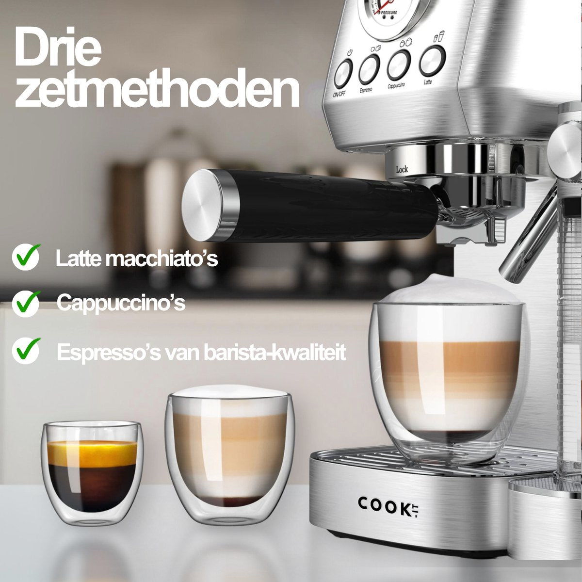 COOK-IT Espressomachine 20 Bar - Koffiemachine met Automatische Melkopschuimer - Pistonmachine Cappuccino & Latte - Italiaanse pomp - Vol RvS