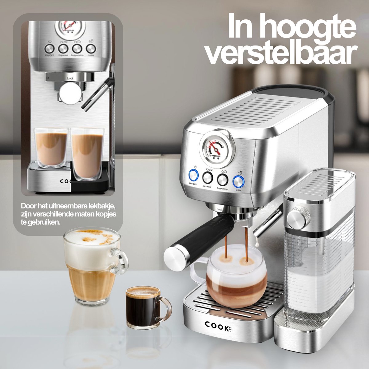 COOK-IT Espressomachine 20 Bar - Koffiemachine met Automatische Melkopschuimer - Pistonmachine Cappuccino & Latte - Italiaanse pomp - Vol RvS