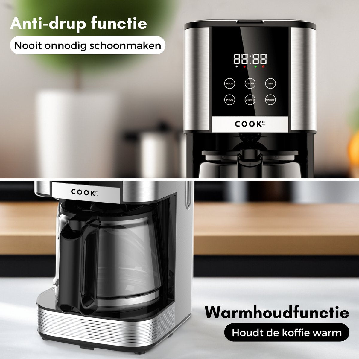 COOK-IT Koffiezetapparaat Filterkoffie - Coffee Machine - 1.5L Glazen Kan - Timer - Digitaal display - Warmhoudplaat