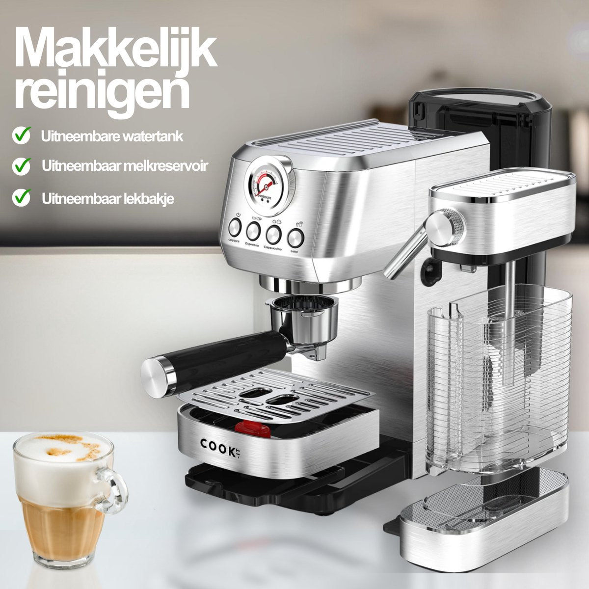COOK-IT Espressomachine 20 Bar - Koffiemachine met Automatische Melkopschuimer - Pistonmachine Cappuccino & Latte - Italiaanse pomp - Vol RvS