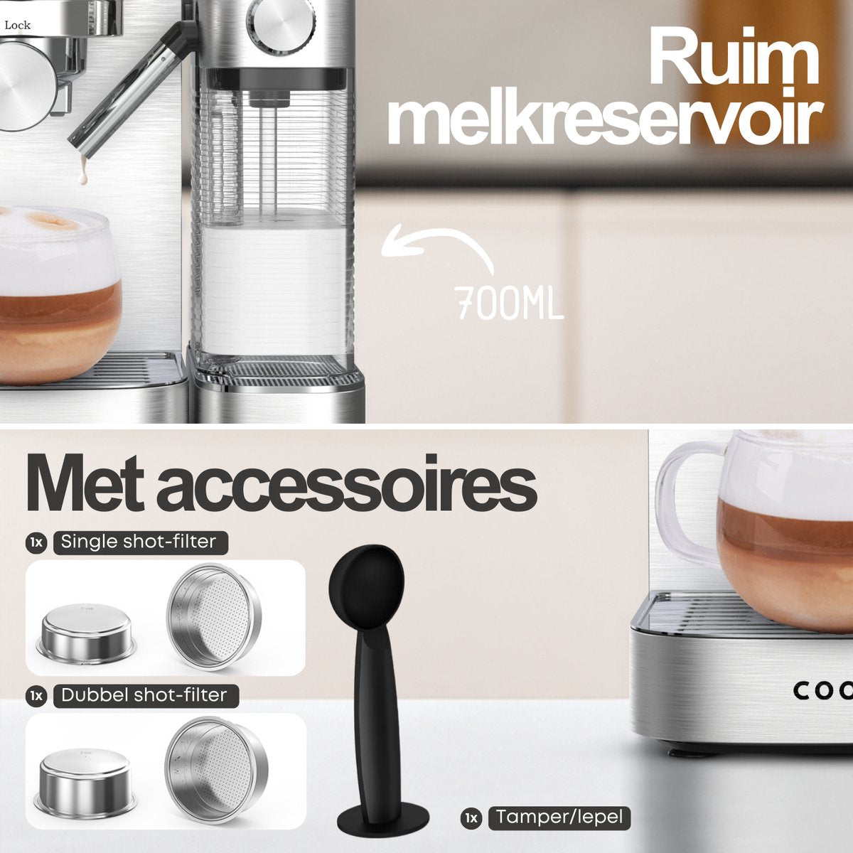COOK-IT Espressomachine 20 Bar - Koffiemachine met Automatische Melkopschuimer - Pistonmachine Cappuccino & Latte - Italiaanse pomp - Vol RvS