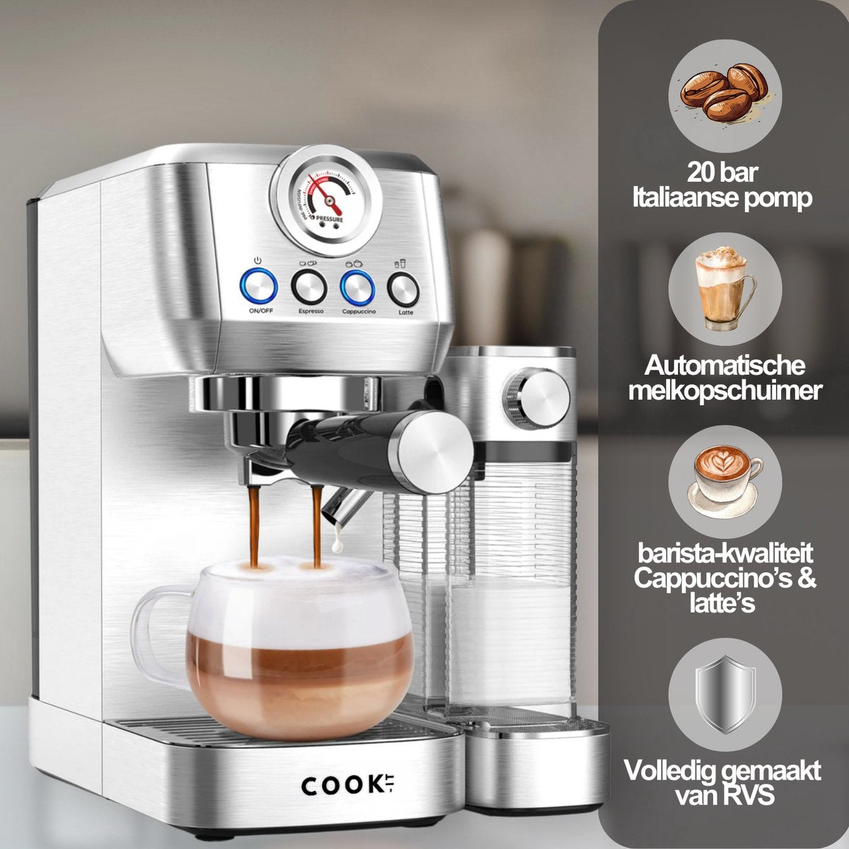 COOK-IT Espressomachine 20 Bar - Koffiemachine met Automatische Melkopschuimer - Pistonmachine Cappuccino & Latte - Italiaanse pomp - Vol RvS