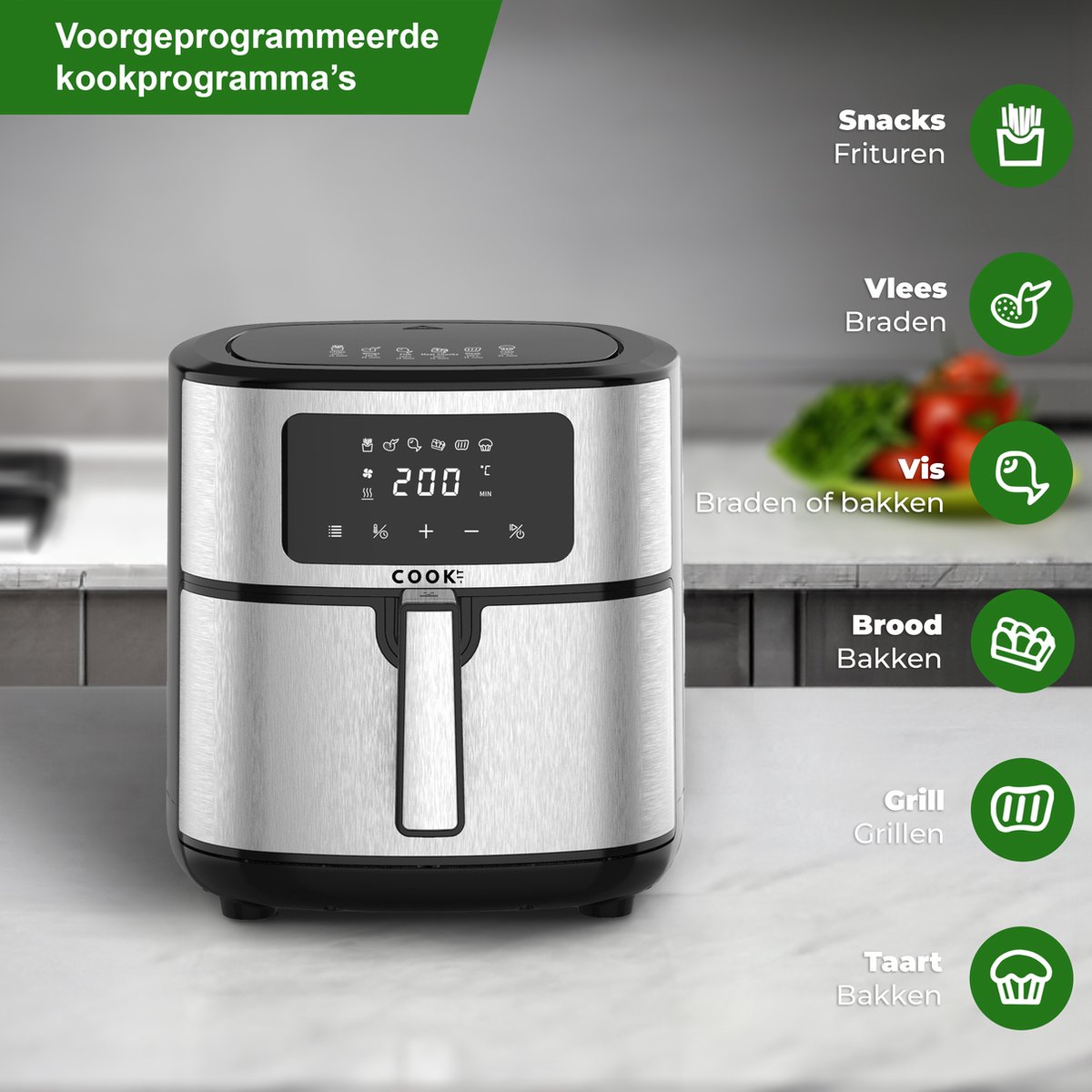 COOK-IT Airfryer XXL - 8L Heteluchtfriteuse met Uitneembare Frietmand - Zwart/RvS