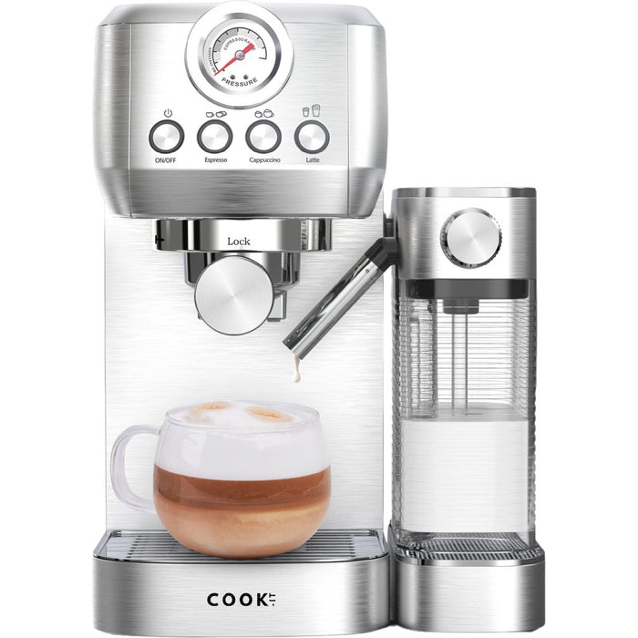 COOK-IT Espressomachine 20 Bar - Koffiemachine met Automatische Melkopschuimer - Pistonmachine Cappuccino & Latte - Italiaanse pomp - Vol RvS